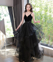 Black V-Neck Lace Long Prom Dress, A-Line Evening Dress