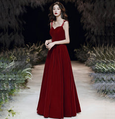 Red velvet long prom dress Simple evening gown