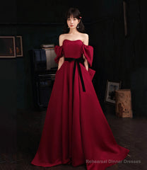 Burgundy satin long prom dress A line evening dress