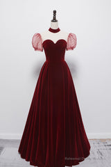 Cute velvet long prom dress burgundy A line evening dress