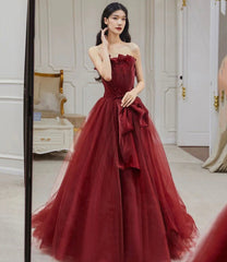 Burgundy tulle long A line ball gown dress formal dress