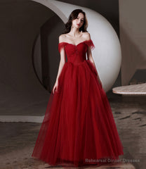 Red tull beads long prom dress A line evening dress