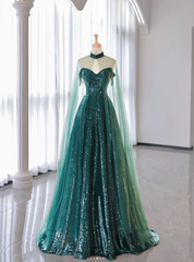 New A-Line Dark Green Prom Dress, Off-The-Shoulder Prom Dress With Cape, Sweeping Tail Prom Dress