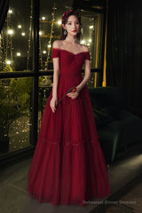 Burgundy tulle long prom dress A line evening dress