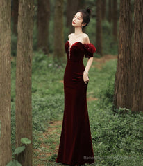 Burgundy Velvet Long Prom Dress with Pearls, Mermaid Off Shoulder Evening Party Dress