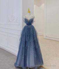 Blue Tulle Beads Long Ball Gown Dress Blue Formal Dress