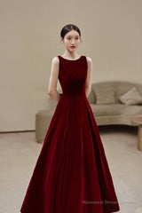 Burgundy velvet long A line prom dress with bow