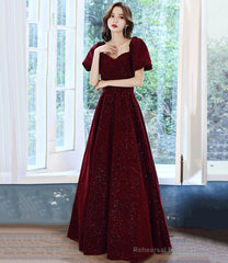 Burgundy velvet long prom dress A line evening dress