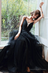 Black v neck lace long prom dress A line evening dress