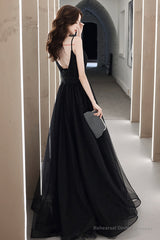 Black tulle long A line prom dress evening dress