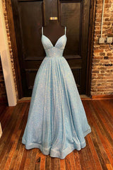 Blue Sequins Long Prom Dress Blue Evening Dress