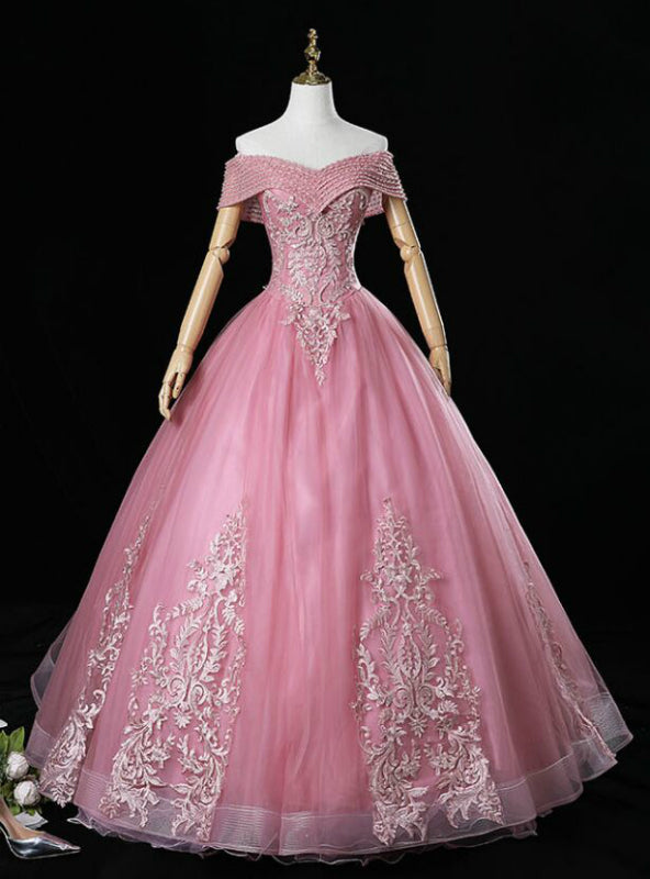 For This Year Biggest Dance Pink Ball Gown Tulle Appliques Beading Off twe Shoulder Quinceanera Dress