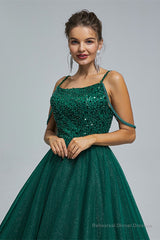 Dark Green Lace Up Beading Long Prom Dresses