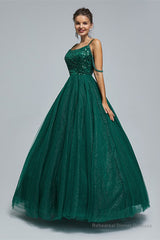 Dark Green Lace Up Beading Long Prom Dresses