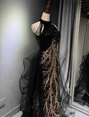 Black Gold Embroidered A-Line Prom Dresses Glittering Dress Formal Floor Length Sleeveless High Neck Sequined with Glitter Tassel