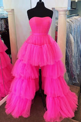 Fuchsia A-line High Low Strapless Tulle Prom Dress with Ruffles