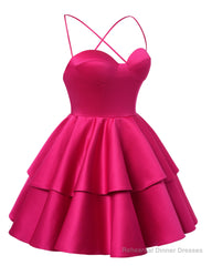 Hot Pink Satin Homecoming Dress Sweetheart Neck Tiered Short Graduation Dresses