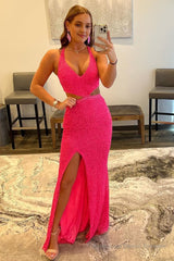 Fuchsia Sequins Criss Cross Straps Prom Dress