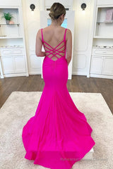 Fuchsia Spaghetti Straps Mermaid Long Prom Dress With Criss Cross Back