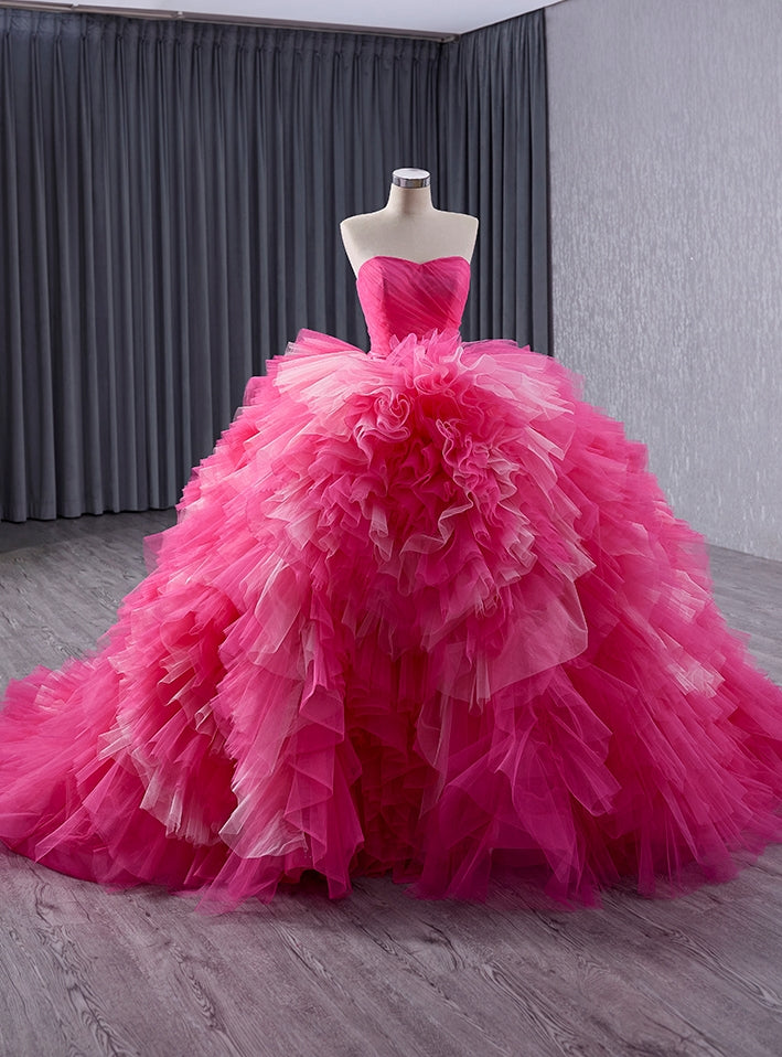 Fuchsia Tulle Strapless Pleats Tiers Princess Dress