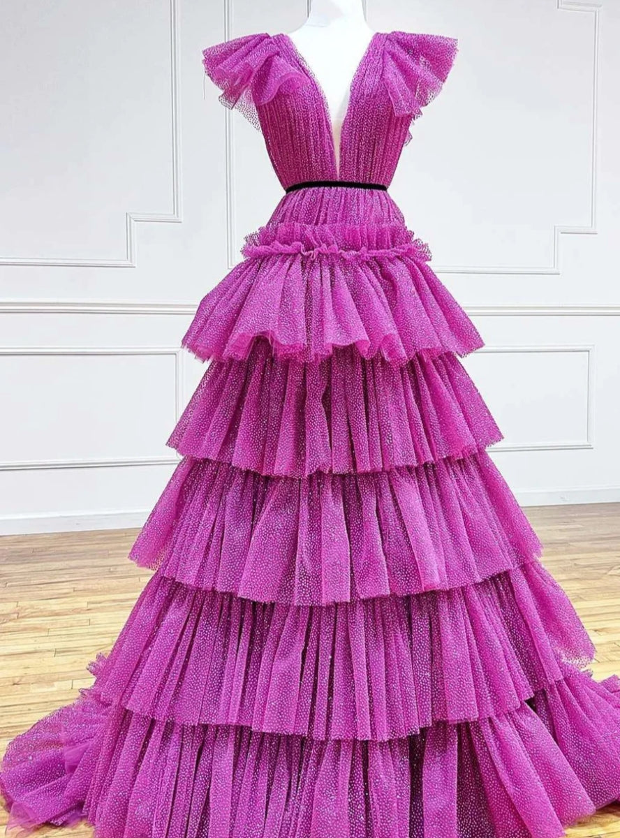 Fuchsia V-neck Pleats Tiers Prom Dress