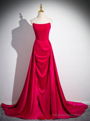 Fuchsia Velvet Satin Strapless Pleats Prom Dress