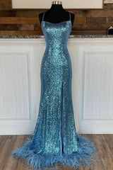 Long Sequined Blue Straps Prom Dress with Feather Hem