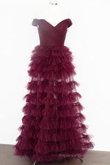 Off the Shoulder Burgundy Pleated Sheer Tiered Prom Dress