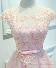 Pink Lace Tulle Short Prom Dress, Pink Evening Dress