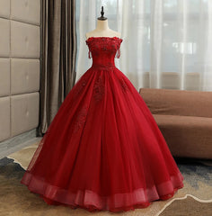 Glam Wine Red Quinceanera Dress Party Dress, Tulle Long  Embroidered with Flowers Formal Dress