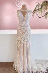 Glamorous Long Mermaid Bateau Appliques Lace Tulle Wedding Dress