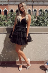 Glitter Black Tiered Spaghetti Straps Short Homecoming Dress