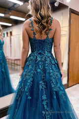 Glitter Blue Lace A-Line Long Prom Dress