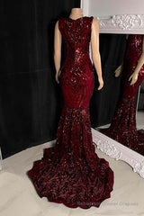 Glittery Long Red Mermaid Sleeveless Prom Dresses Sequin