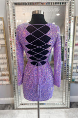 Purple Lace-Up Sequins Plunging V Neck Long Sleeves Sheath Homecoming Dress