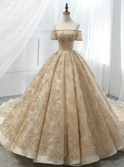 Gold Ball Gown Tulle Sequins Off The Sholuder Short Sleeve Wedding Dress