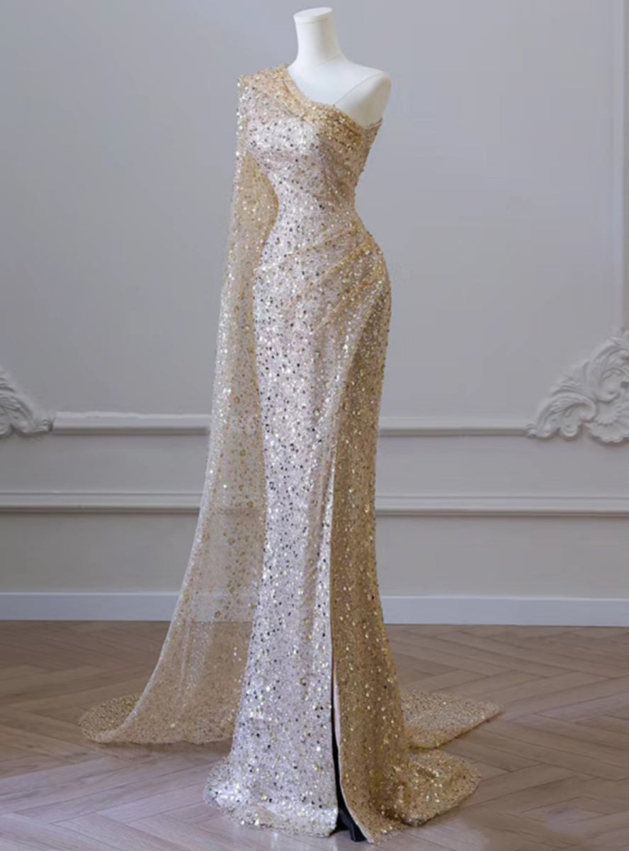 Gold Mermaid Sequins One Shoulder Prom Dress