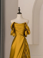 Gold Satin Off Shoulder Long Evening Dress, Gold Satin Prom Dress