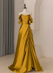 Gold Satin Off Shoulder Long Evening Dress, Gold Satin Prom Dress