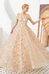 Gold Sequin Off the Shoulder A-line Floor Length Lace Prom Dresses