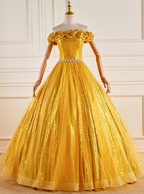 Gold Sequins Off the Shoulder Crystal Quinceanera Dress