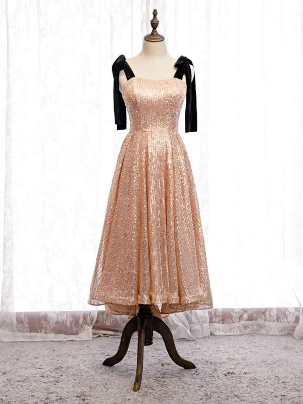 Gold Sequins Straps Tea Length Prom Dress