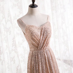 Gold Sequins Sweetheart Simple Spaghetti Straps Long Party Dress, Sequins Prom Dress Bridesmaid Dress