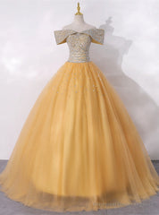 Gold Tulle Off the Shoulder Beading Quinceanera Dress