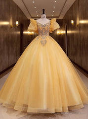 Gold Tulle Puff Sleeve Beading Pearls Quinceanera Dress