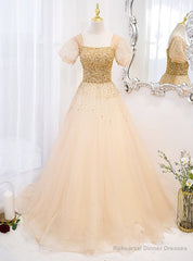 Gold Tulle Sequins Beading Puff Sleeve Prom Dress