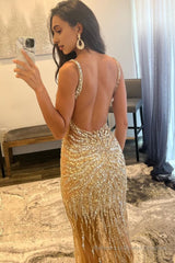 Golden Beaded Backless Long Prom Dress