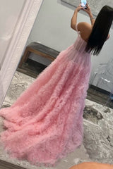 Gorgeous A Line Off the Shoulder Long Tulle Prom Dress with Slit