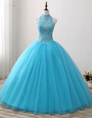 Gorgeous Blue Tulle Ball Gown Lace Top Sweet 16 Dress, Blue Quinceanera Dress