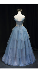 Gorgeous Blue Tulle Layers Beaded Long Wedding Party Dresses, Blue Formal Gown